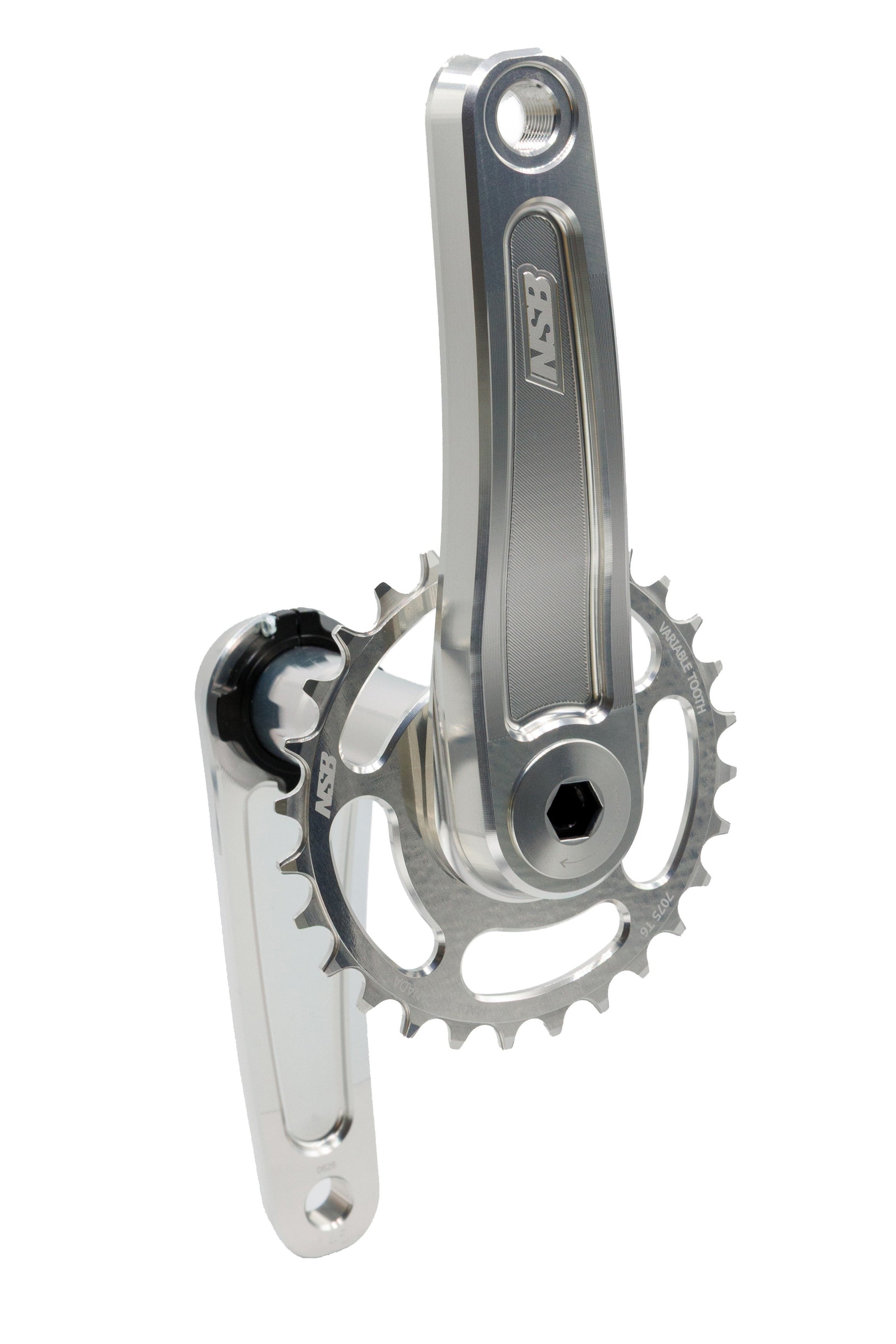 A silver metallic bicycle crankset with a chainring and a matching silver bottom bracket shell, shown against a plain white background.