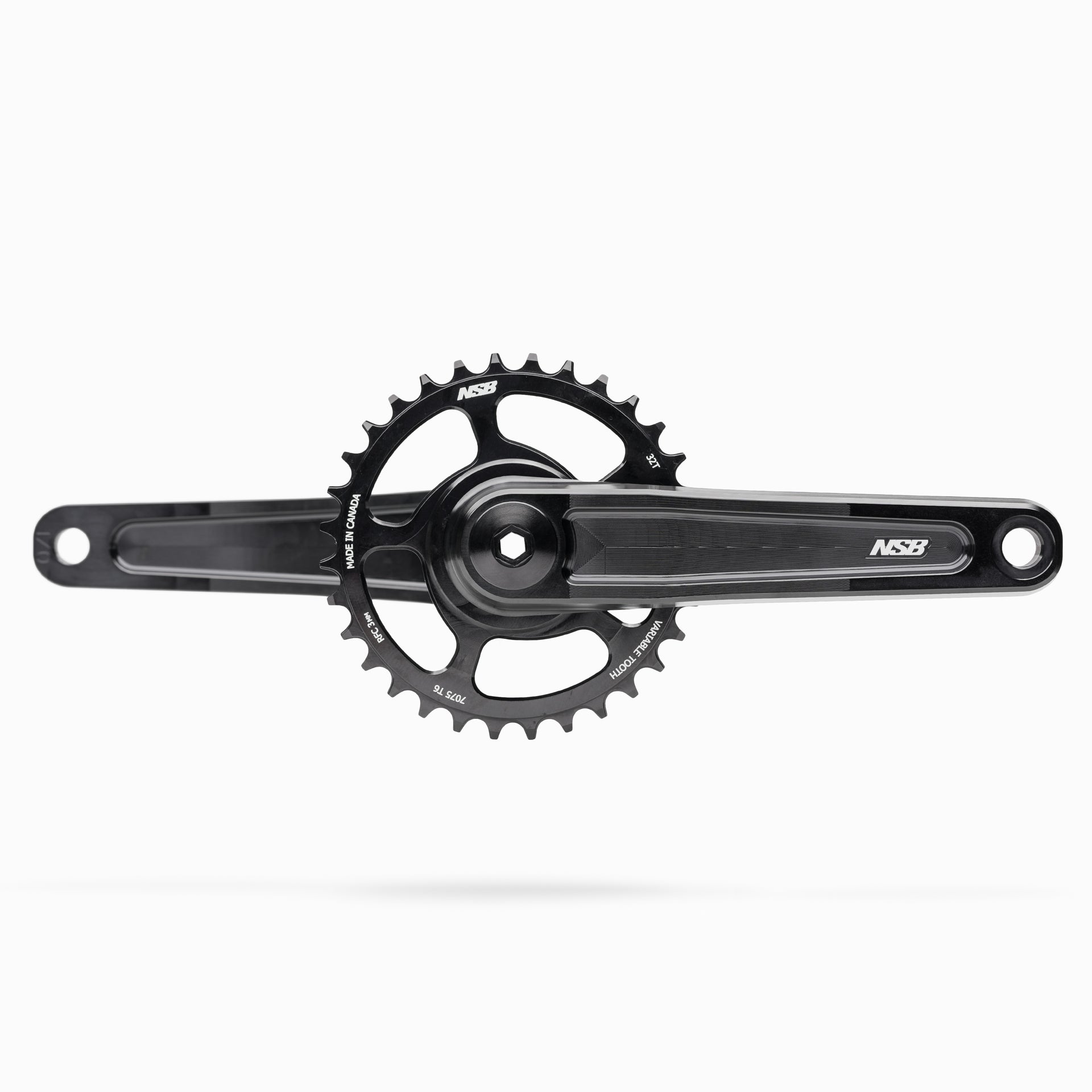 Black Talon bicycle crankset with the not included chainring on a white background