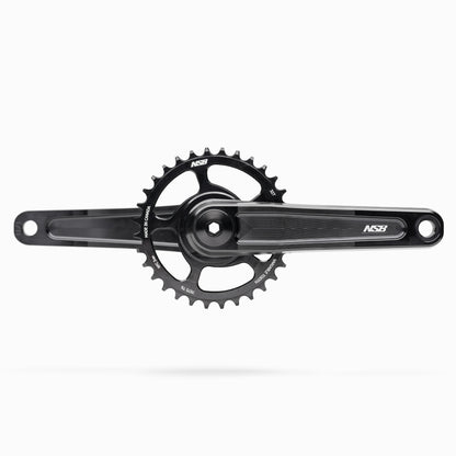 Black Talon bicycle crankset with the not included chainring on a white background