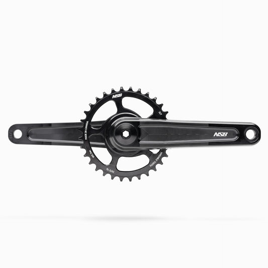 Black Talon bicycle crankset with the not included chainring on a white background