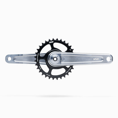 Pewter Talon bicycle crankset with the not included chainring on a white background