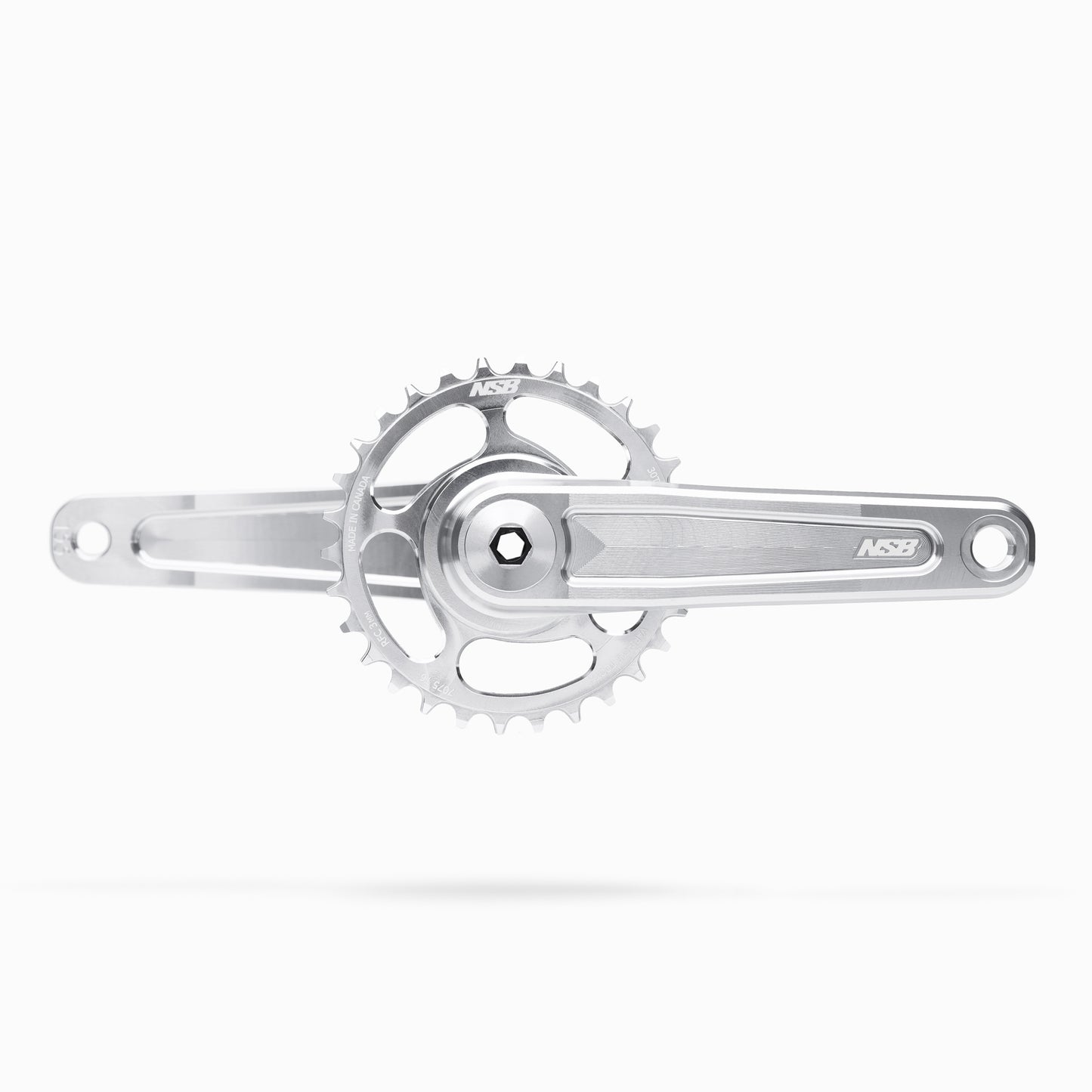 Silver Talon bicycle crankset with the not included chainring on a white background
